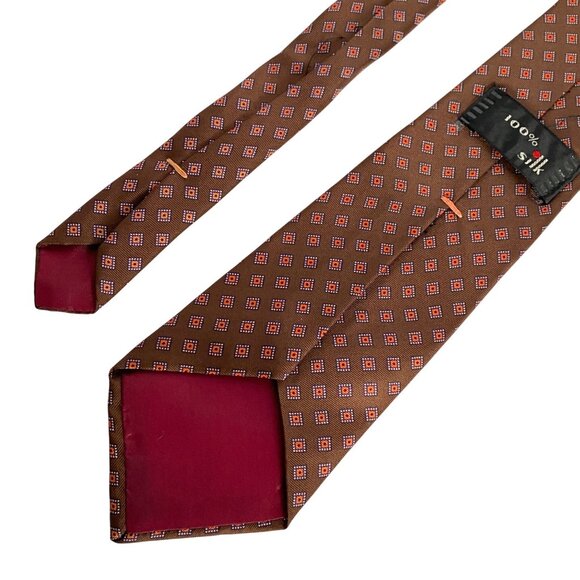 100% Silk Brown and Orange Diamond Pattern Mens Thin Necktie 58in - Picture 3 of 4